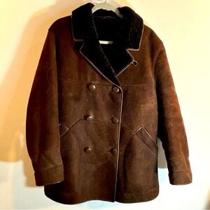 GENUINE SHEEPSKIN Sz 42 Coat Double Breasted Covered Buttons Turned Collar